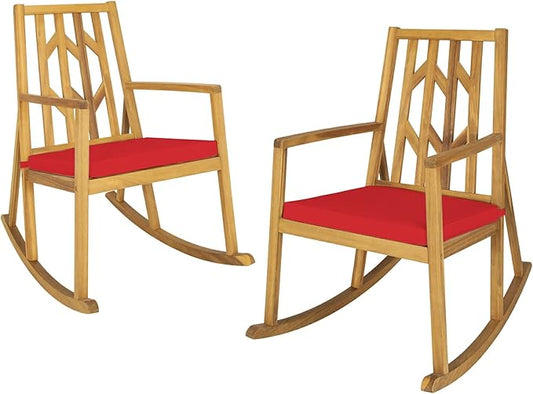 RELAX4LIFE Wooden Rocking Chair Outdoor - Oversized Patio Rocker w/High Backrest, Long Armrest, Removable Soft Cushion, Porch Rocking Chair for Backyard, Garden, Patio Rocking Chair (2, Red)