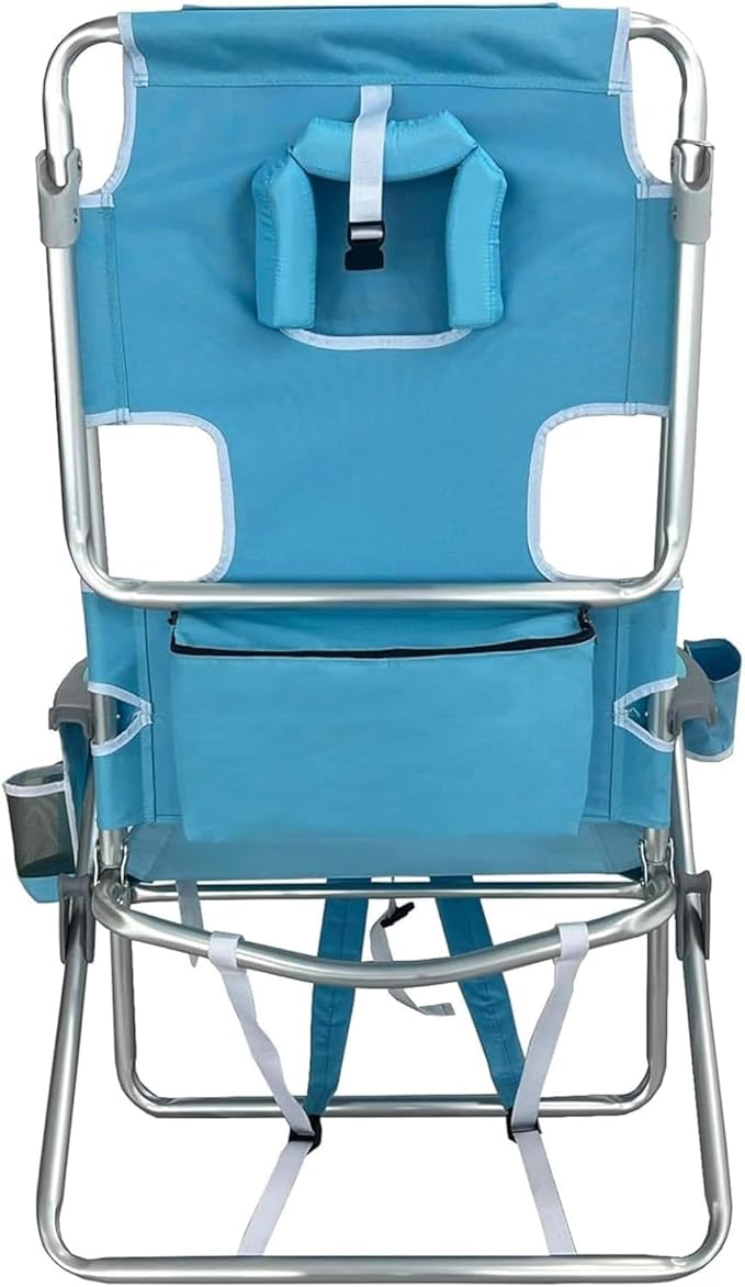 Ostrich Deluxe 3N1 Padded Beach Chair w/Face Cushion & Arm Holes, Light Blue - Lightweight Folding Recliner w/Adjustable Backrest & Footrest, Cup Holder, Side Utility Bag, 275 lb Weight Capacity