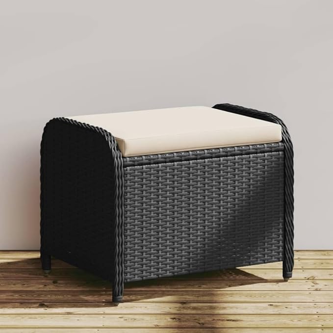 vidaXL Patio Stool - Black Poly Rattan Ottoman with Cream White Cushion - Outdoor Garden Deck Furniture