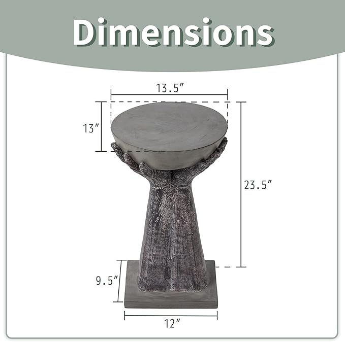 SUNBURY Outdoor Side Table, 24" H Hand-Shaped Concrete Side Table, Accent Patio End for Outside, Decorative Garden Stool for Plant Stand, Balcony