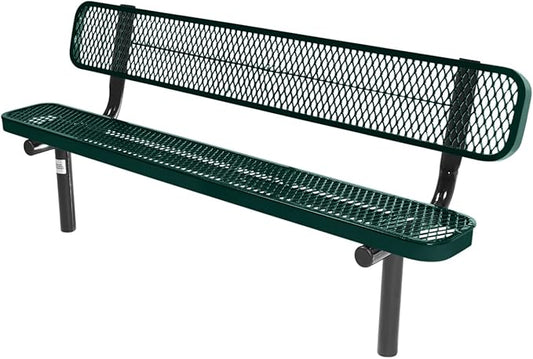 COATEDOUTDOORFURNITURE Heavy-Duty Outdoor Bench Thermoplastic Coated, Expanded Metal, Commercial-Grade Seating, Made in America (Inground with Back, 6 Ft, Textured Dark Green)