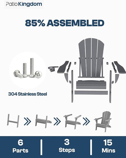 Grey 6-Piece Folding Adirondack Chair Set with Cup Holders, Ottomans, Side Table & Beige 11FT Cantilever Umbrella with Base, HDPE Outdoor Chairs