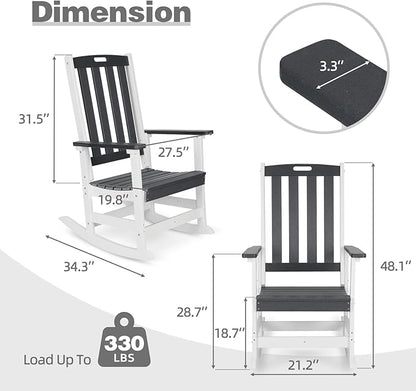 Aoodor Outdoor Rocking Chair, Ergonomic HDPE Rockers with All-Weather Design for Patio or Porch, Clashing Colors, Dark Gray and Whitev,Set of 4