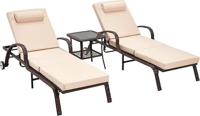 HOMREST Wicker Chaise Lounge Set of 2, Pool Lounge Chair with Side Table, Outdoor Reclining Lounger Chair with Wheels 5-Level Adjustable Backrest for Poolside Deck Lawn,Khaki