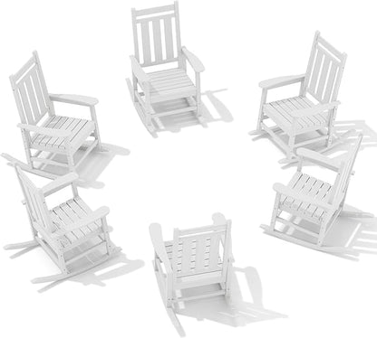 KINGYES Oversized Outdoor Rocking Chair Set of 6, All-Weather Patio Rocking Chairs for Porch, HDPE Outdoor Patio Rockers with High Back & Wide Seat for Garden, Lawn, White