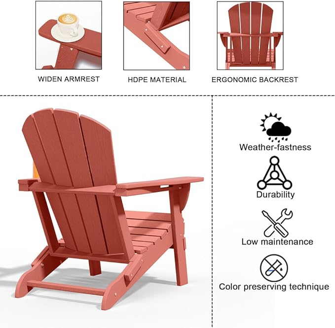 Folding Adirondack Chair with Cup Holders, HDPE Plastic Outdoor Chairs, Weather Resistant, Real Wood Look for Patio - Photo 5