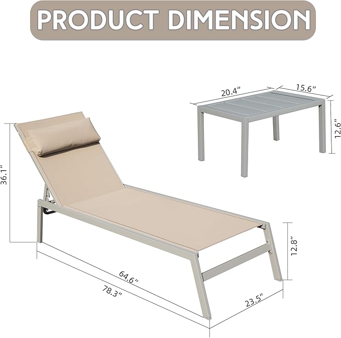 Domi Patio Chaise Lounge Set of 3, Aluminum Pool Lounge Chairs with Side Table - Photo 2