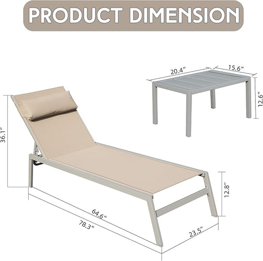 Domi Patio Chaise Lounge Set of 3, Aluminum Pool Lounge Chairs with Side Table, Outdoor Adjustable Recliner All Weather for Poolside, Beach, Yard, Balcony (Khaki)