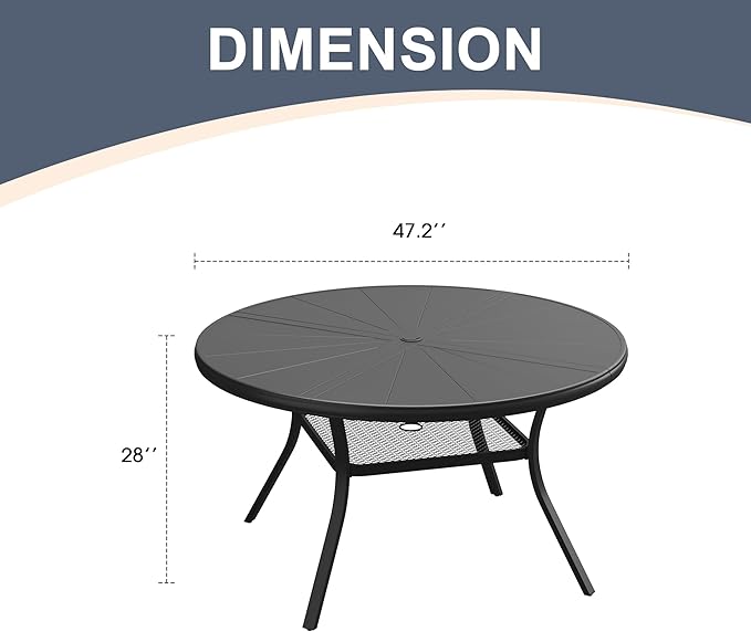 VICLLAX Round Patio Dining Table, 4-6 Person Aluminum Outdoor Dining Table with Umbrella Hole and Storage Shelf for Garden Lawn Deck, 47.2" Black