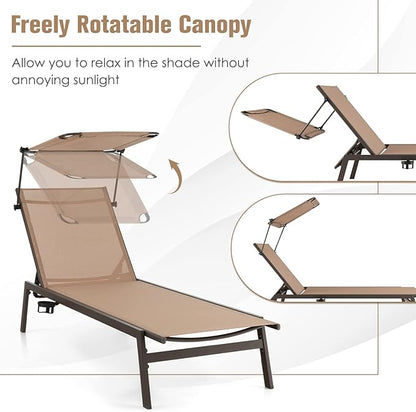 Tangkula 2 Pieces Patio Chaise Lounge Chair, Outdoor Recliner with Adjustable Canopy & Cup Holder, 6-Level Backrest, Heavy-Duty Metal Reclining Lounger for Poolside, Backyard (Brown)