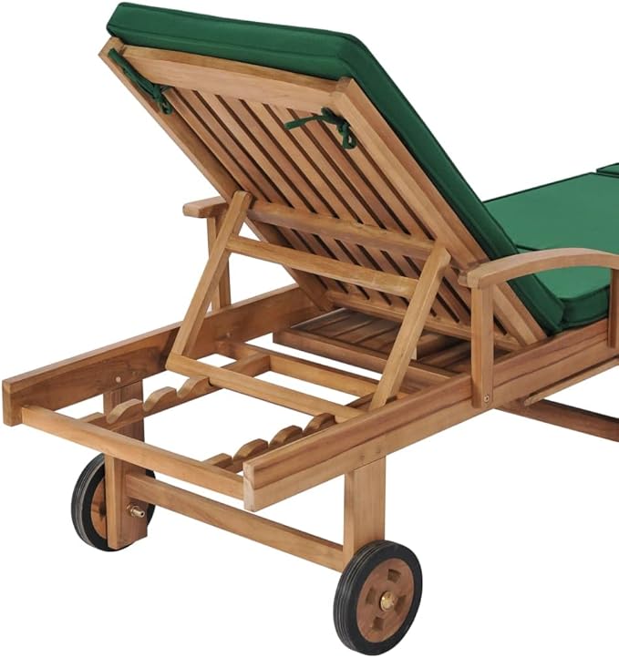 Set of 2 Outdoor Sun Loungers, Extra Long Solid Teak Wood Reclining Pool Chairs with Green Cushions, Adjustable Backrest Patio Furniture