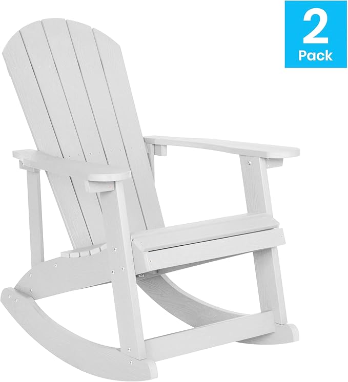 EMMA + OLIVER Marcy All Weather Rocking Chair - Set of 2 - White Poly Resin - Classic Adirondack Design - UV Resistant Coating - Stainless Steel Hardware