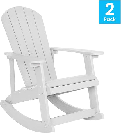 EMMA + OLIVER Marcy All Weather Rocking Chair - Set of 2 - White Poly Resin - Classic Adirondack Design - UV Resistant Coating - Stainless Steel Hardware