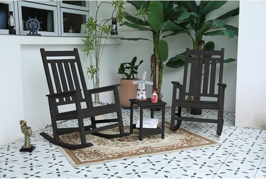 Outdoor Rocking Chair Set with Side Table, 3-Piece Rocking Chair Set with Wood-Texture,All Weather-Resistant,Black (Grey + Plastic)