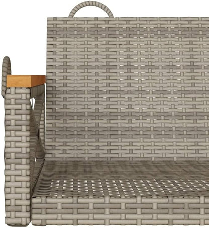 Gray Poly Rattan Swing Bench with Powder-Coated Steel Frame and Solid Acacia Wood Seat, 2-Person Outdoor Patio Furniture for Balcony Garden Relaxation, UV-Resistant Poly