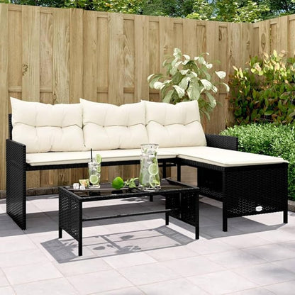 vidaXL Patio Sofa Set - L-Shaped Black Poly Rattan, Powder-Coated Steel Frame with Cream Cushions, Tempered Glass Coffee Table for Garden/Deck