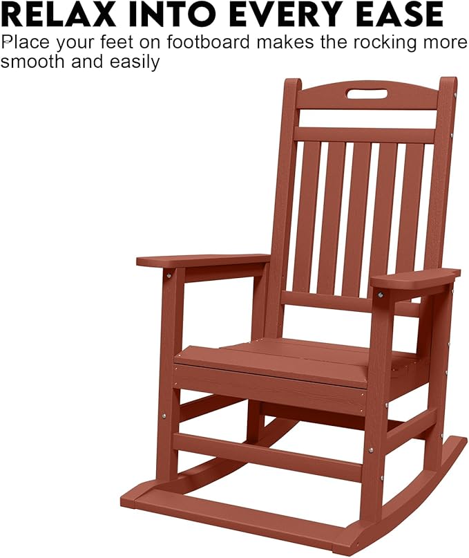 PLUUV Outdoor Rocking Chair, HDPE Patio Rocking Chairs with Footboard, All Weather Porch Rockers Outdoor for Adult, Effortless Installation, Light Red