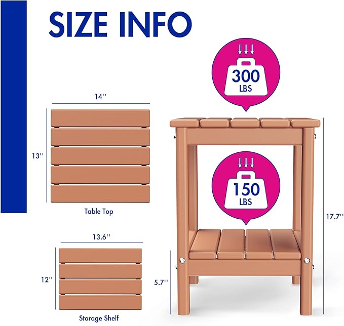 BRIOPAWS Outdoor-Side-Table | Small | HDPE Plastic | Patio End-Table | 2-Shelf Adirondack Outside Tables | All Weather | for Poolside Front Porch Indoor Living Room | 14" x 13" | Teak