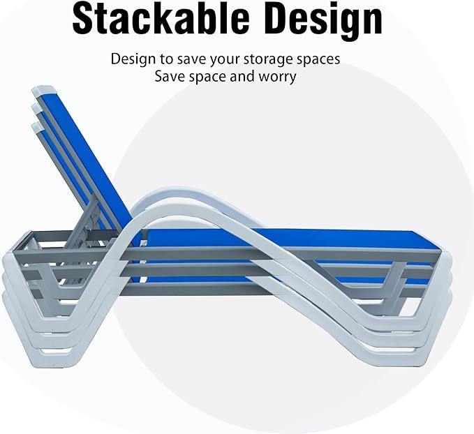 domi outdoor living Patio Chaise Lounge Adjustable Aluminum Lounge Chairs with Arm All Weather Pool Chairs for Outside,in-Pool,Lawn (Blue Lounge W/Table)