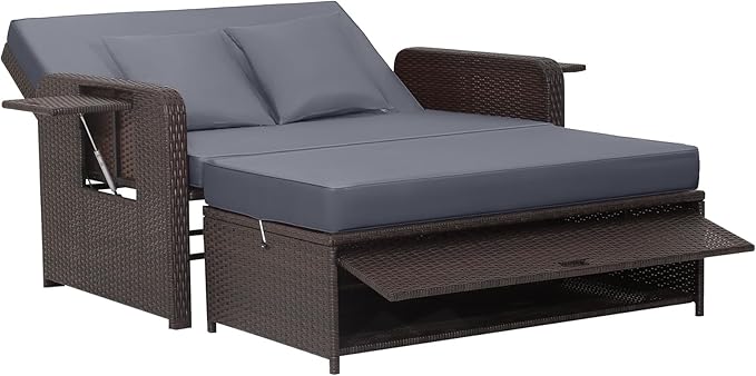 COSTWAY Patio Rattan Daybed with Cushions, Outdoor Wicker Loveseat Sofa with Storage Ottoman - Photo 1