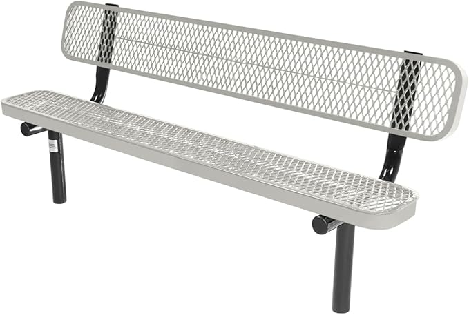 COATEDOUTDOORFURNITURE Coated Outdoor Furniture Heavy-Duty Outdoor Bench Thermoplastic Coated, Expanded Metal, Commercial-Grade Seating, Made in America (Inground with Back, 6 Ft, Textured Grey)