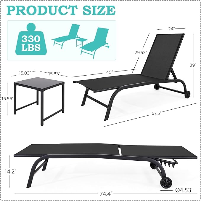 EROMMY Patio Chaise Lounge Chair Set of 2 with Table, Adjustable Backrest & Wheels - Photo 2