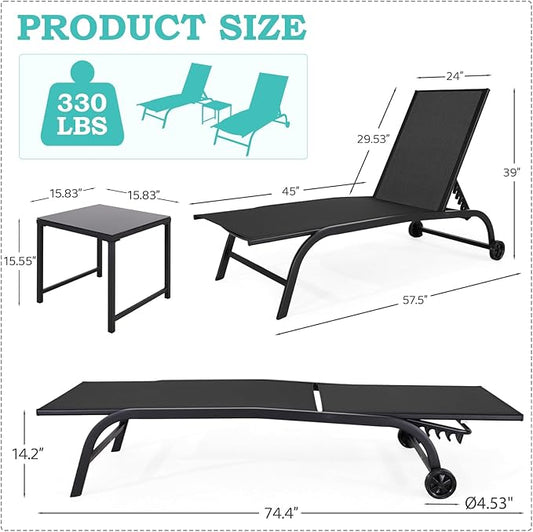 EROMMY Patio Chaise Lounge Chair Set of 2 with Table, Adjustable Backrest & Wheels, Oversized 26" W Outdoor Poolside Recliners for Garden, Deck, Lawn, Backyard