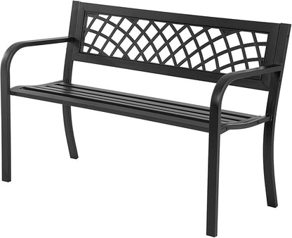 Outdoor Garden Bench, Iron Steel Frame Patio Bench with Mesh Pattern and Plastic Backrest Armrests, Outdoor Bench for Garden, Park, Yard, Front Porch, Black