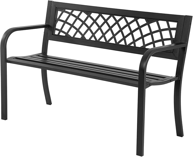 Outdoor Garden Bench, 2-Person Metal Patio Bench with Rust-Resistant Steel Frame & Mesh Pattern Plastic Backrest/Armrests, Black for Lawn Yard Porch Entryway Park
