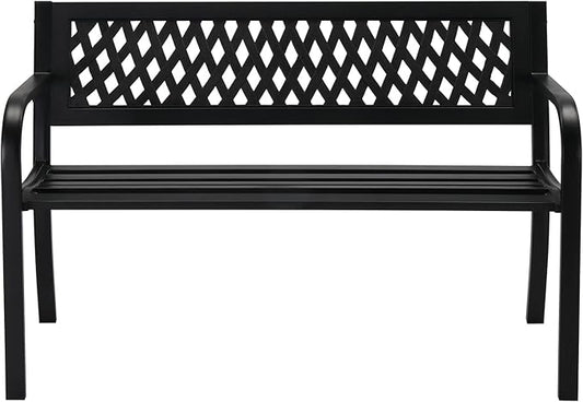 Outdoor Garden Bench,Iron Frame Patio Bench with Mesh Pattern and Plastic Backrest Armrests for Lawn Yard Porch Work Entryway,Black