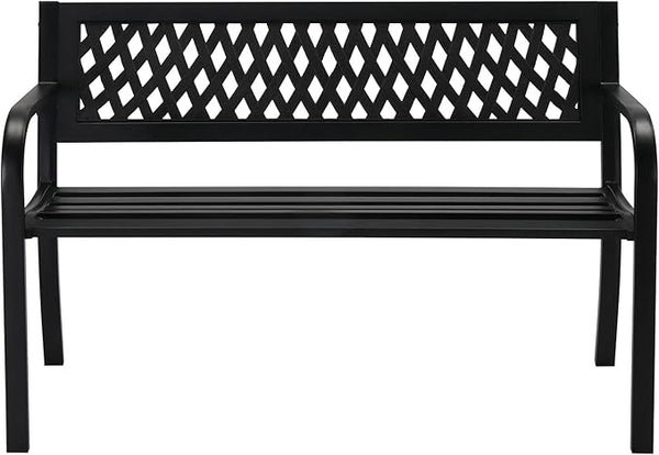 Outdoor Garden Bench,Iron Frame Patio Bench with Mesh Pattern and Plastic Backrest Armrests for Lawn Yard Porch Work Entryway,Black