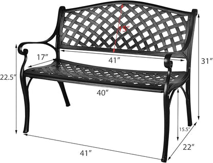 Outdoor Patio Garden Bench All-Weather Cast Aluminum Loveseats Park Yard Furniture Porch Chair Work Entryway Decor w/Checkered Design (Black)