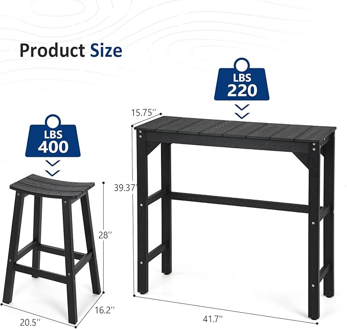 3 Piece Outdoor Bar Set, 42" Rectangular Pub Height High Top Bar Table & 2 Outdoor Bar Stools for Patio, Garden - Photo 3