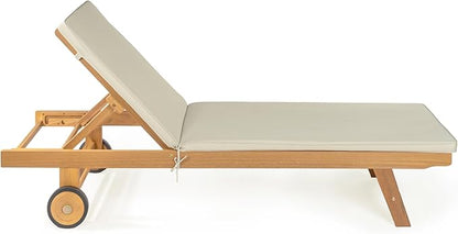 JONATHAN Y LNG1000E Mallorca 77.56"x23.62" Modern Classic Adjustable Acacia Wood Chaise Outdoor Lounge Chair with Cushion & Wheels Coastal, Bohemian, Minimalist, Traditional, Light Gray/Natural