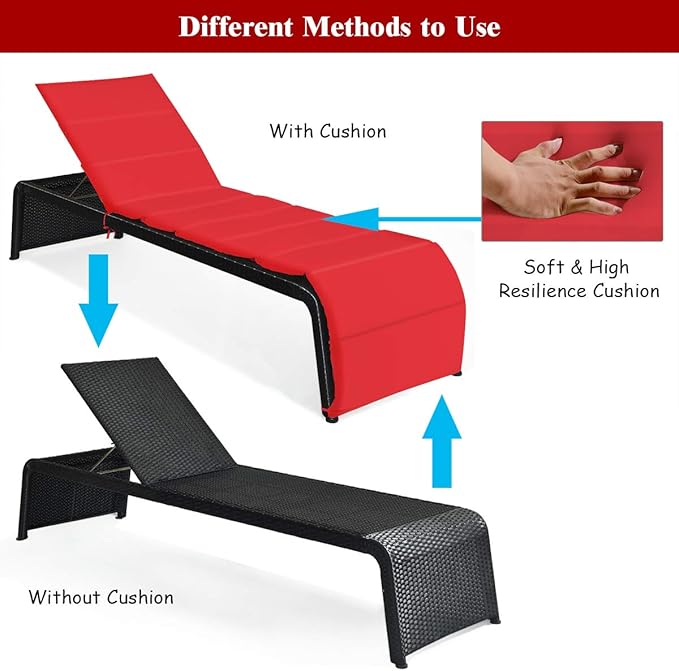 COSTWAY Patio Rattan Lounge Chair, Cushioned Chaise Recliner Chair with Adjustable Back, Garden Backyard Poolside (Red) - Photo 6