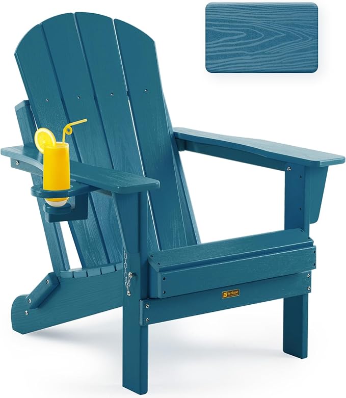 Folding Adirondack Chair Wood Texture, Patio Chairs Weather Resistant, Outdoor Chair, Lawn Chair with Cup Holder, Fire Pit Chair for Deck, Outdoor, Porch, Backyard (Navy Blue)