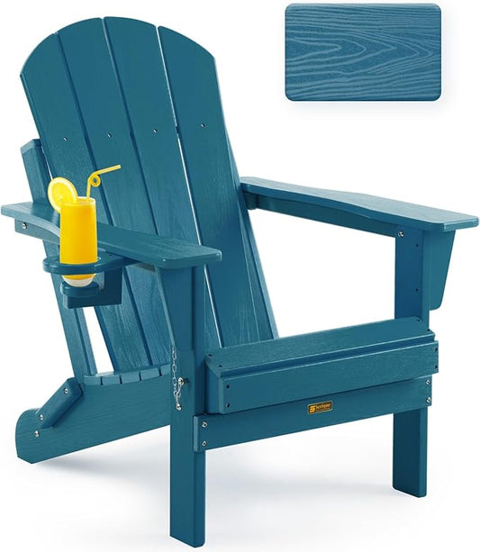 Folding Adirondack Chair Wood Texture, Patio Chairs Weather Resistant, Outdoor Chair, Lawn Chair with Cup Holder, Fire Pit Chair for Deck, Outdoor, Porch, Backyard (Navy Blue)