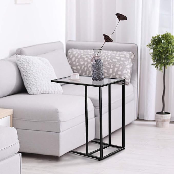 Tangkula Sofa Side End Table, C Shaped Patio Side Table Snack Table with Glass Top & Steel Frame, Portable Indoor Outdoor Couch C Table End Table Laptop Desk Coffee Tray