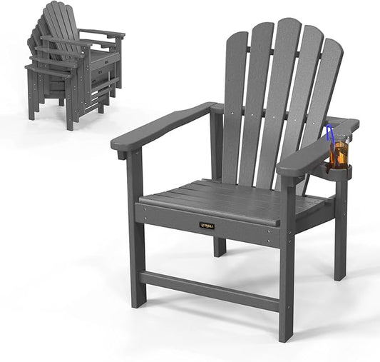 VINGLI Plastic Folding Adirondack Chair with Cup Holder, 100% Recyclable HDPE Material, Comfortable 380lb Weight Capacity for Outdoor Pool Patio Lounge Chair Lawn Furniture Fire Pit, 1 Pack,Gray