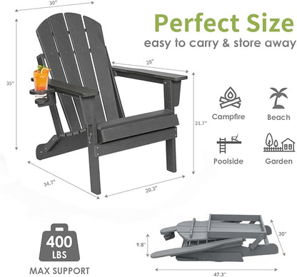 Folding Adirondack Chairs, Plastic Outdoor Patio Chairs with Cup Holder, Wood-Textured with Large Seat for Poolside Backyard Lawn, Gray