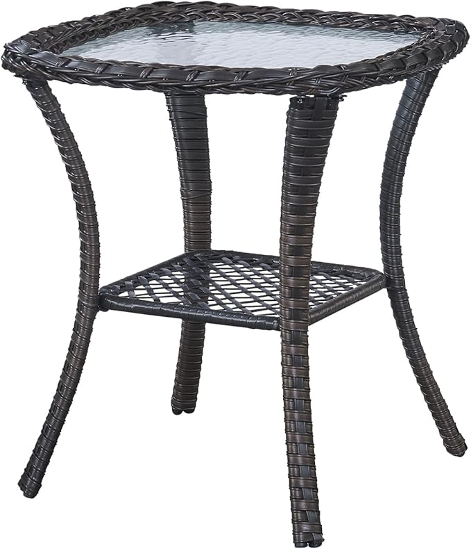 Belord Rattan Patio Side Table, 2 Tier Hand Woven Wicker Bistro Table, 5 mm Frost Glass Top Square Table, Brown Wicker - Photo 1