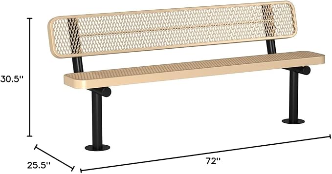 COATEDOUTDOORFURNITURE Coated Outdoor Furniture Heavy-Duty Outdoor Bench Thermoplastic Coated, Expanded Metal, Commercial-Grade Seating, Made in America (Surface with Back, 6 Ft, Tan)