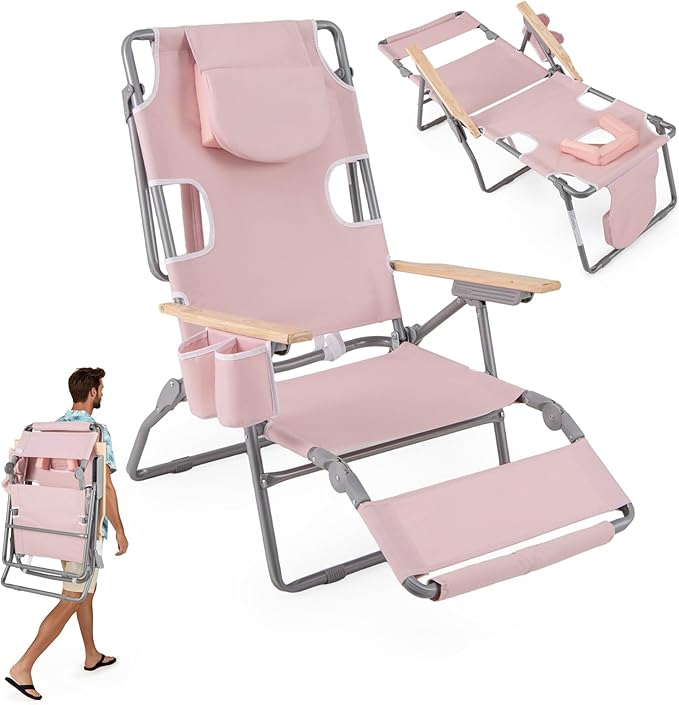 Goplus 3-in-1 Foldable Beach Chair, Lay-Flat Tanning Chair with Face and Arm Holes, Footrest, 330 lbs Heavy-Duty Portable Reclining Lounge Chairs for Outside, Camping, Patio, Poolside, Lawn (1,Pink)