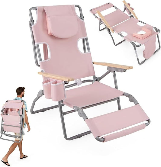 Goplus 3-in-1 Foldable Beach Chair, Lay-Flat Tanning Chair with Face and Arm Holes, Footrest, 330 lbs Heavy-Duty Portable Reclining Lounge Chairs for Outside, Camping, Patio, Poolside, Lawn (1,Pink)