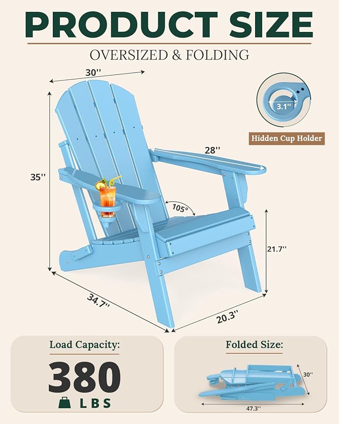 BRIOPAWS Folding-Adirondack-Chairs Set of 2 | HDPE | Fire Pit Chair | Cup Holder | Weather Resistance | Arctic | for Outdoor Backyard Deck Patio