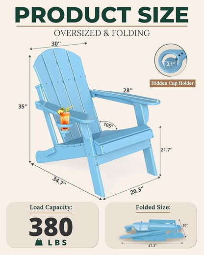 BRIOPAWS Folding-Adirondack-Chairs Set of 2 | HDPE | Fire Pit Chair | Cup Holder | Weather Resistance | Arctic | for Outdoor Backyard Deck Patio