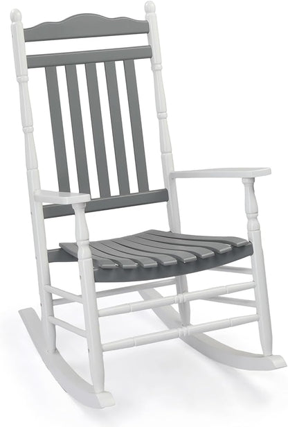 VINGLI Wooden Rocking Chair, Outdoor Chair with 450 lbs Support, Relaxing Rocker with Solid Wood High Back Seat Reclining Seat for Deck, Garden, Backyard, Porch (White & Grey, 1PC)