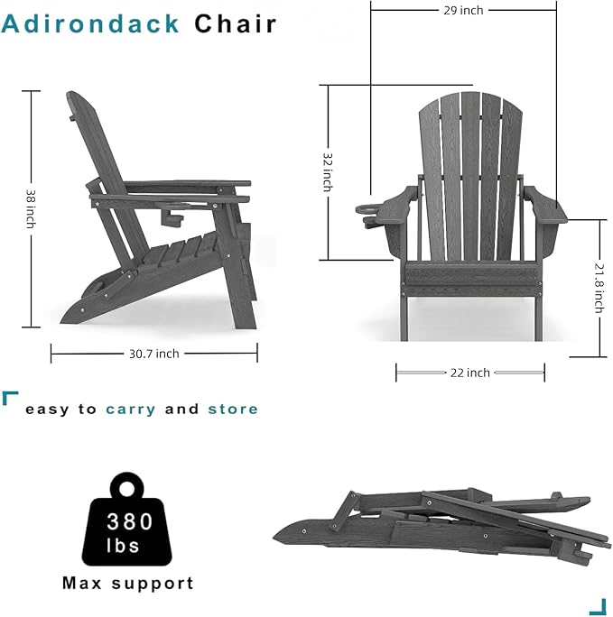 Folding Adirondack Chair Set of 2, HDPE Outdoor Patio Chair with Cup Holder, All Weather Plastic Lawn Chair with Wide Armrests, Portable Patio Chair for Backyard Deck Garden Fire Pit Poolside, Grey