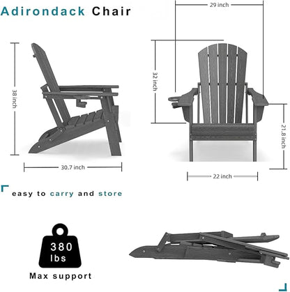 Folding Adirondack Chair Set of 2, HDPE Outdoor Patio Chair with Cup Holder, All Weather Plastic Lawn Chair with Wide Armrests, Portable Patio Chair for Backyard Deck Garden Fire Pit Poolside, Grey
