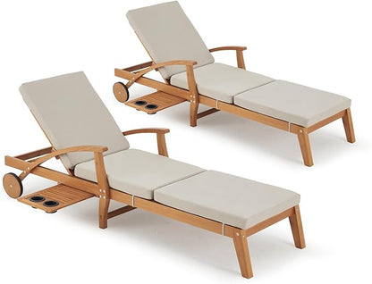 HOMREST Wood Chaise Lounge Recliner Set of 2, 83x23in Patio Chaise Lounger Recliner with Slide-Out Side Table & Cup Holder, Foam-Padded Cushion, Adjustable Backrest, Wheels (Beige)